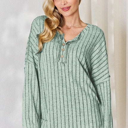 Basic Bae Full Size Ribbed Half Button Long Sleeve T-Shirt - MimiStylez