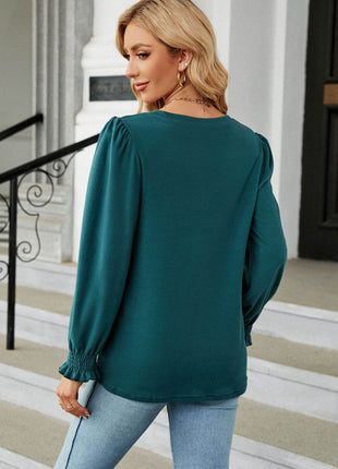Round Neck Smocked Flounce Sleeve Blouse - MimiStylez