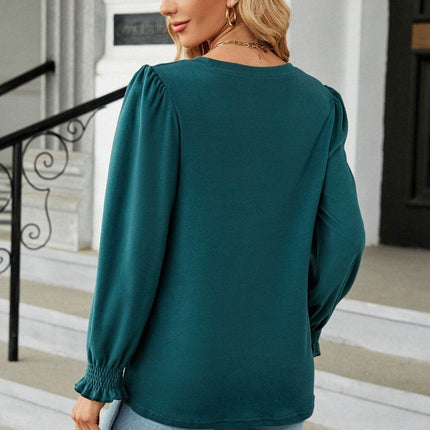 Round Neck Smocked Flounce Sleeve Blouse - MimiStylez