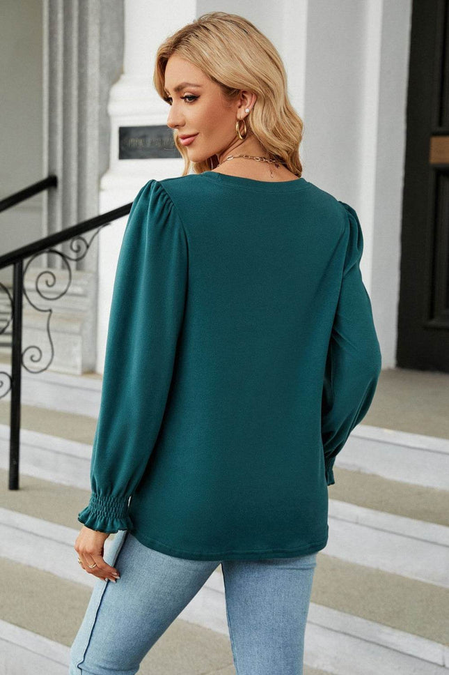 Round Neck Smocked Flounce Sleeve Blouse - MimiStylez
