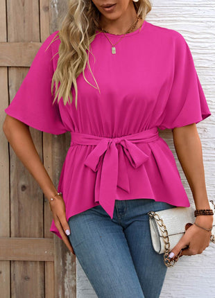 Tied Round Neck Half Sleeve Blouse - MimiStylez