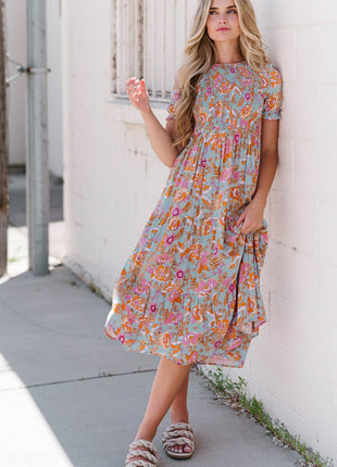 Floral Flounce Sleeve Round Neck Midi Dress - MimiStylez