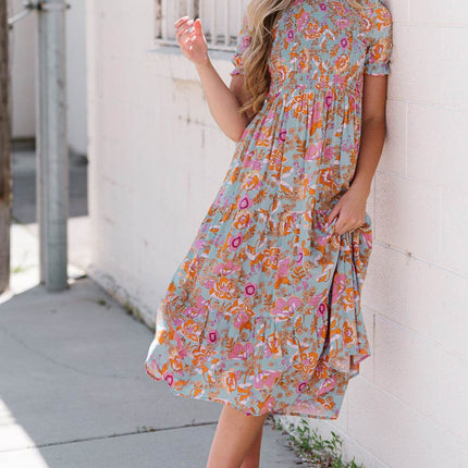 Floral Flounce Sleeve Round Neck Midi Dress - MimiStylez