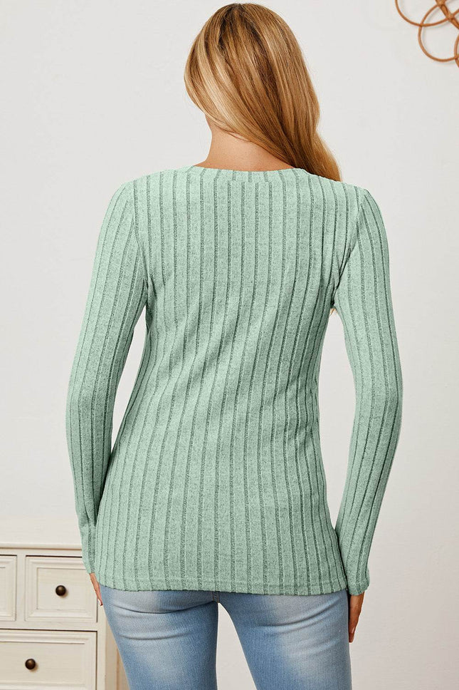 Basic Bae Full Size Ribbed V-Neck Long Sleeve T-Shirt - MimiStylez