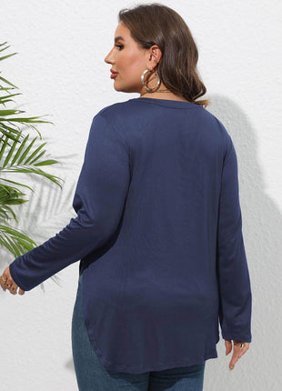 Plus Size Round Neck Long Sleeve Slit T-Shirt - MimiStylez