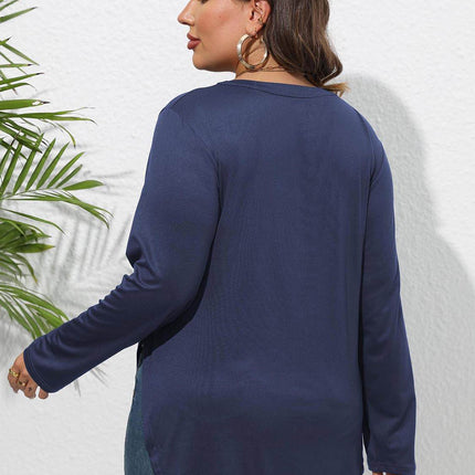 Plus Size Round Neck Long Sleeve Slit T-Shirt - MimiStylez