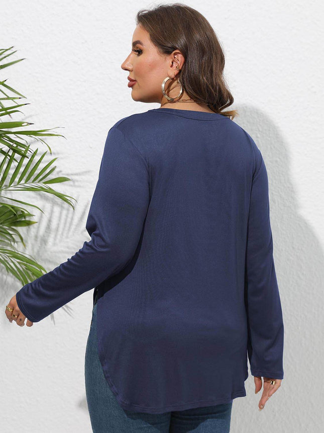 Plus Size Round Neck Long Sleeve Slit T-Shirt - MimiStylez