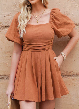 Square Neck Pleated Romper with Pockets - MimiStylez