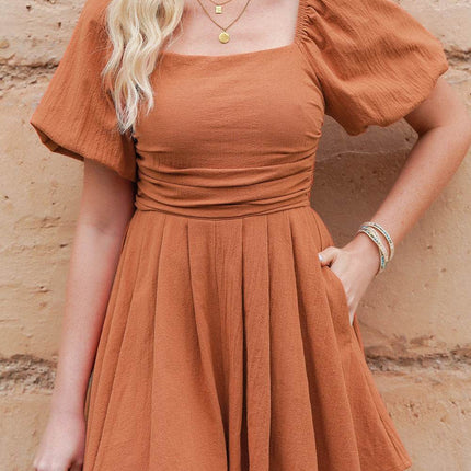 Square Neck Pleated Romper with Pockets - MimiStylez