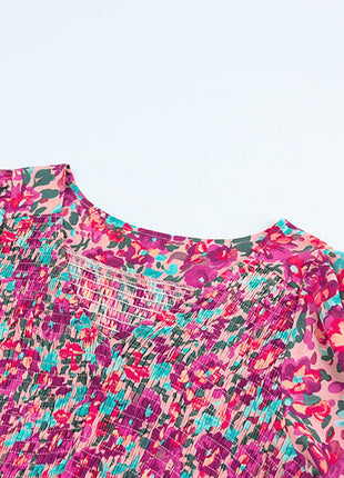 Floral Smocked V-Neck Flounce Sleeve Dress - MimiStylez
