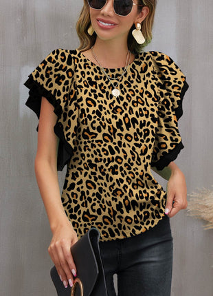Leopard Round Neck Flounce Sleeve Blouse - MimiStylez