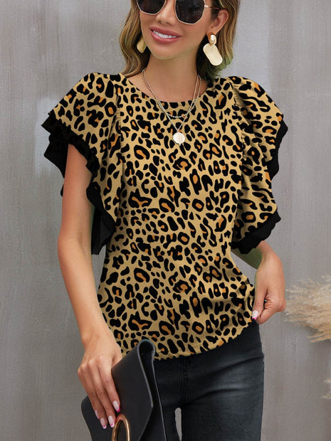 Leopard Round Neck Flounce Sleeve Blouse - MimiStylez