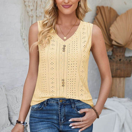 Eyelet Decorative Button V-Neck Tank - MimiStylez