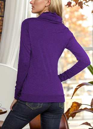 Buttoned Mock Neck Long Sleeve Blouse - MimiStylez