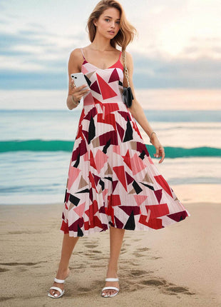 Pleated Geometric Spaghetti Strap Dress - MimiStylez