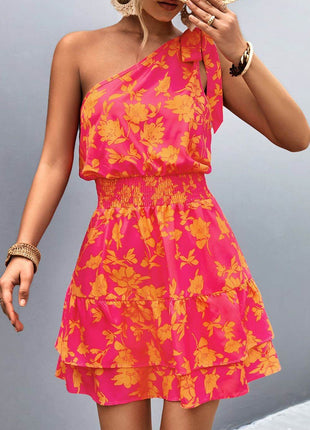 Tied Smocked Printed Single Shoulder Dress - MimiStylez