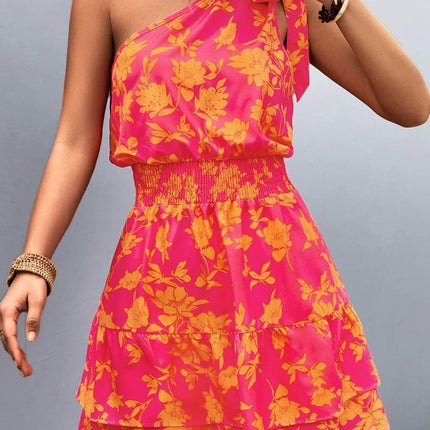 Tied Smocked Printed Single Shoulder Dress - MimiStylez