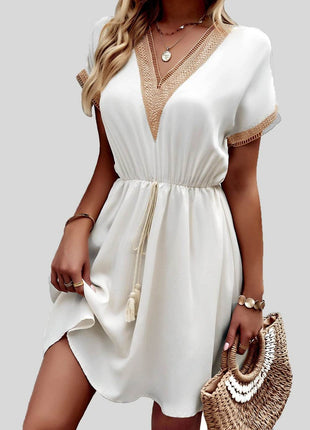 Tassel V-Neck Short Sleeve Dress - MimiStylez