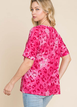 BOMBOM Leopard V-Neck Short Sleeve T-Shirt - MimiStylez