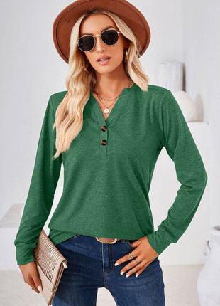 V-Neck Buttoned Long Sleeve Blouse - MimiStylez