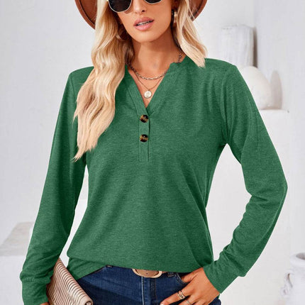 V-Neck Buttoned Long Sleeve Blouse - MimiStylez