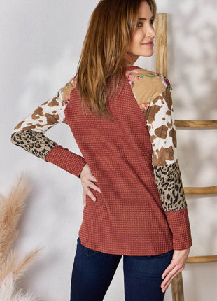 Hailey & Co Full Size Leopard Waffle-Knit Blouse - MimiStylez