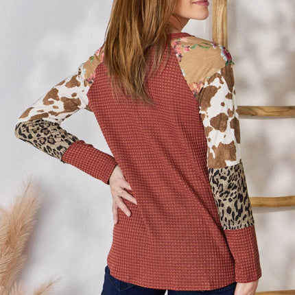 Hailey & Co Full Size Leopard Waffle-Knit Blouse - MimiStylez