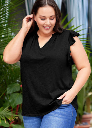 Plus Size Flutter Sleeve Notched Blouse - MimiStylez