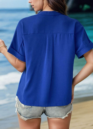 Buttoned Notched Short Sleeve Blouse - MimiStylez