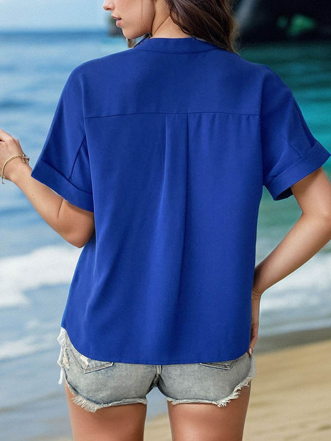 Buttoned Notched Short Sleeve Blouse - MimiStylez