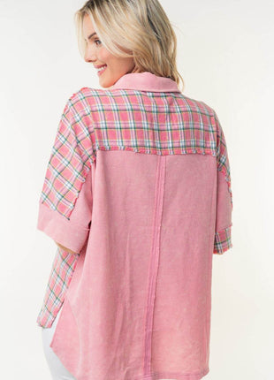 White Birch Plaid Color Block Half Button Top - MimiStylez