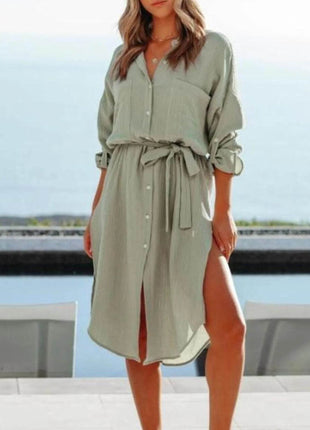 Button Down Tie Waist Shirt Dress - MimiStylez