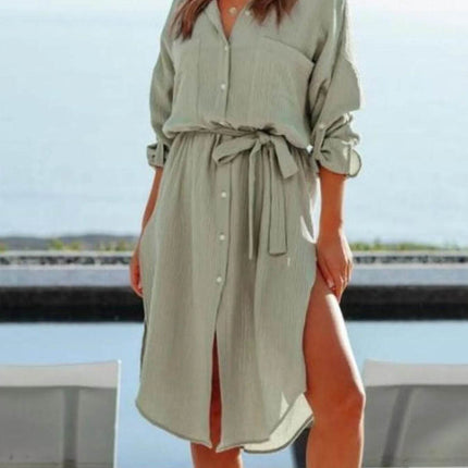 Button Down Tie Waist Shirt Dress - MimiStylez