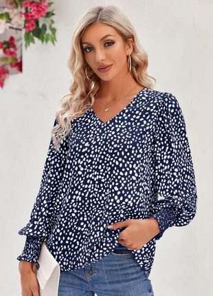 Printed V-Neck Lantern Sleeve Blouse - MimiStylez