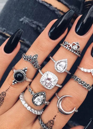 Alloy Synthetic Crystal 11-Piece Ring Set - MimiStylez