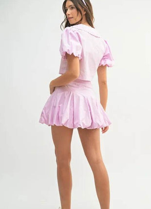 MABLE Puff Sleeve Button Down Top and Bubble Skirt Set - MimiStylez
