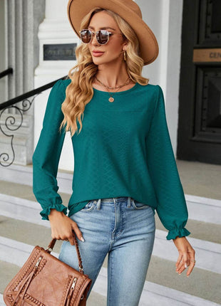 Round Neck Flounce Sleeve Blouse - MimiStylez