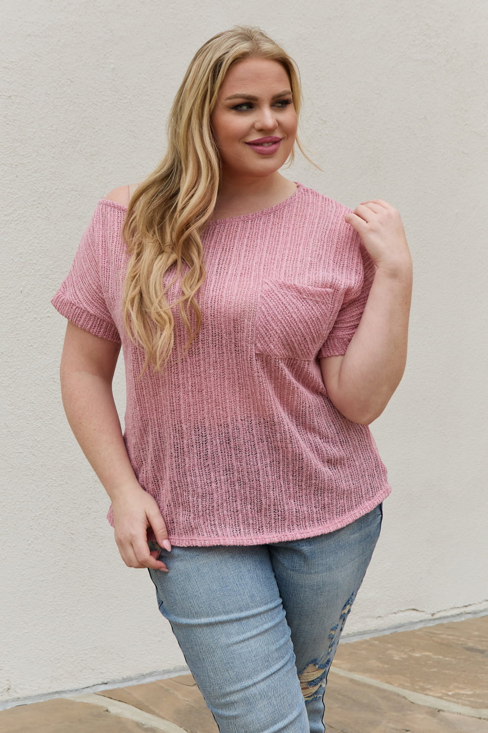 Full Size Chunky Knit Short Sleeve Top in Mauve