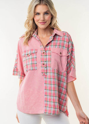White Birch Plaid Color Block Half Button Top - MimiStylez