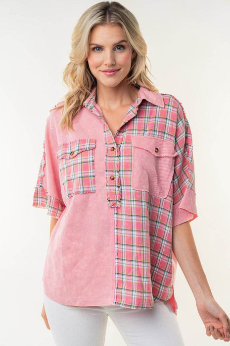 White Birch Plaid Color Block Half Button Top - MimiStylez