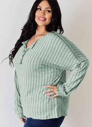 Basic Bae Full Size Ribbed Half Button Long Sleeve T-Shirt - MimiStylez