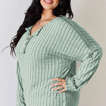 Basic Bae Full Size Ribbed Half Button Long Sleeve T-Shirt - MimiStylez