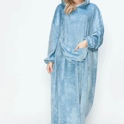 Double Take Full Size Pocketed Hooded Midi Lounge Dress - MimiStylez