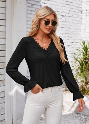 Applique V-Neck Flounce Sleeve T-Shirt - MimiStylez