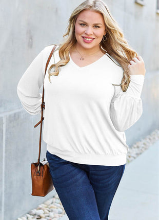 Basic Bae Full Size V-Neck Lantern Sleeve Blouse - MimiStylez