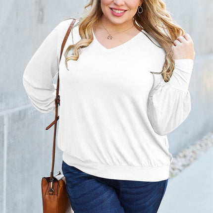 Basic Bae Full Size V-Neck Lantern Sleeve Blouse - MimiStylez