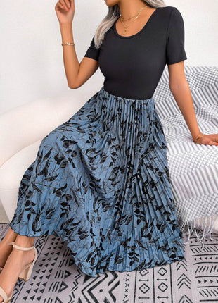 Printed Round Neck Pleated Dress - MimiStylez