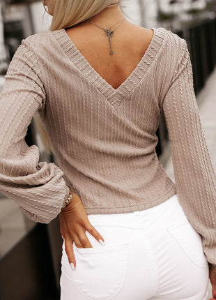 V-Neck Lantern Sleeve Blouse - MimiStylez