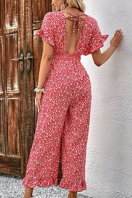 Printed Tie Back Ruffled Jumpsuit - MimiStylez