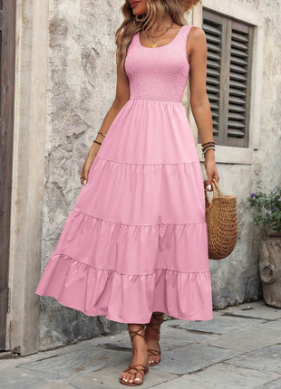 Smocked Scoop Neck Sleeveless Tank Dress - MimiStylez